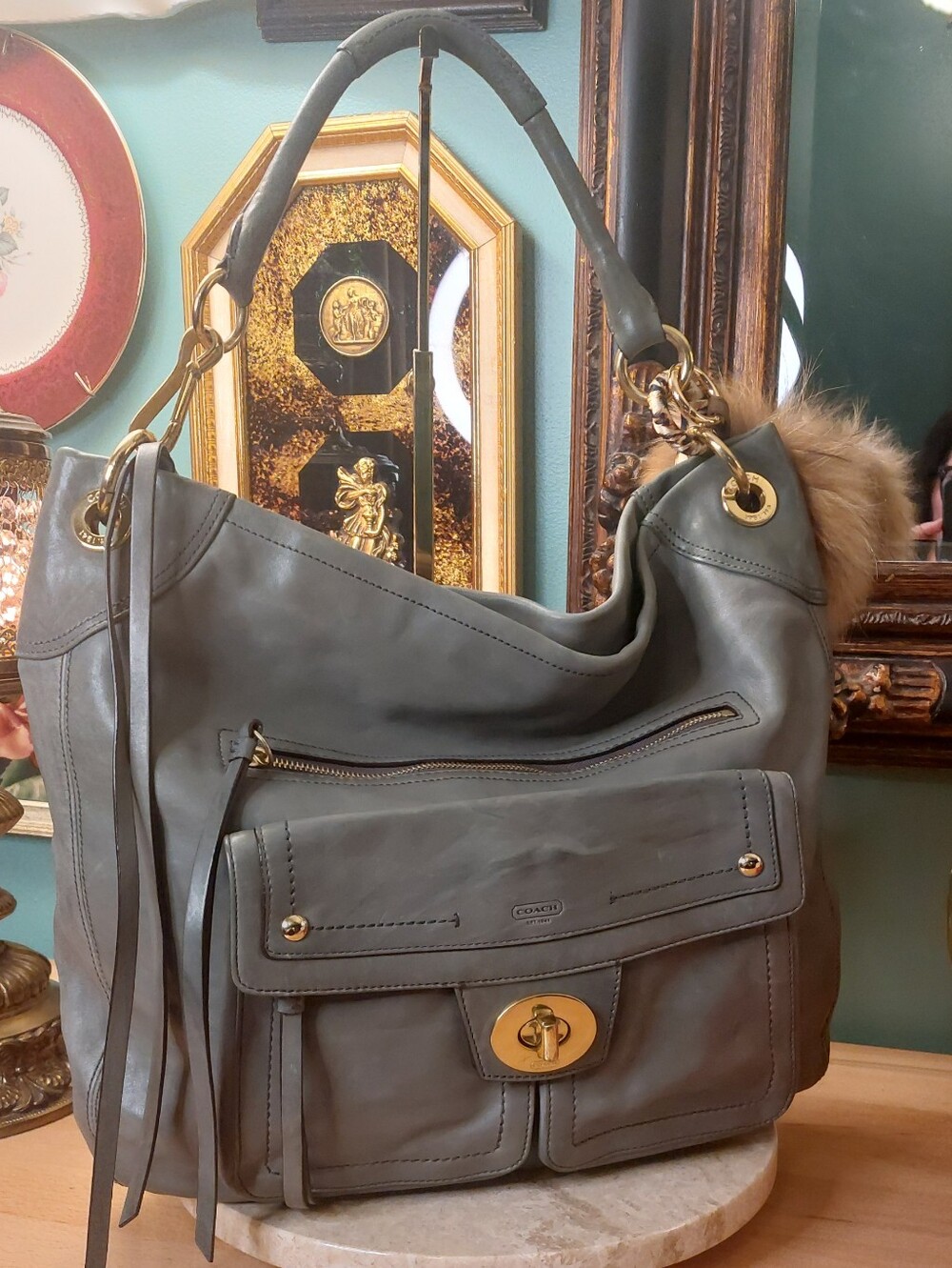 2008 Coach 1941 Hamptons Lindsay Hobo 12459 Y2k Olive Grey Purple Satin Lined - Picture 2 of 14